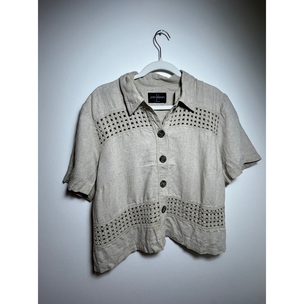 John Roberts Woman Linen Blend Cutout Lattice Button Down Shirt Beige Neutral